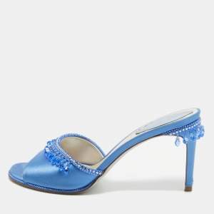 René Caovilla Blue Satin Crystal Embellished Slide Sandals Size 37