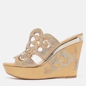 René Caovilla Gold/Beige Leather Lasercut Crystals Wedge Sandals Size 40