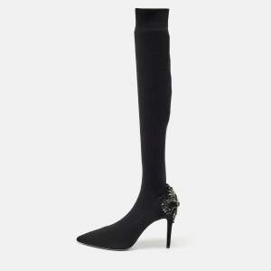 René Caovilla Black Knit Fabric Embellished Sock Boots Size 41