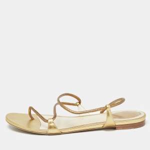 René Caovilla Gold Leather Ankle Wrap Flat Sandals Size 41