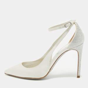 René Caovilla White Satin Crystal Embellished Slingback Ankle Strap Pumps Size 34.5 