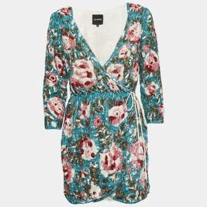 Retrofete Blue Floral Pattern Sequin Embellished Crepe Wrap Dress S