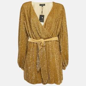 Retrofete Gold Sequin Embellished Velvet Trim Chiffon Belted Tunic XL