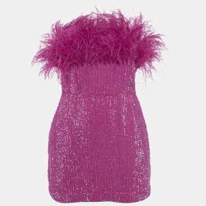 Retrofete Bright Pink Sequin Embellished Faux Feather Detail Strapless Mini Dress S