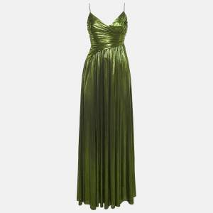 Pre Owned Retrofête Metallic Green Lamé V-Neck Draped Doss Maxi Dress XS