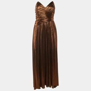 Pre Owned Retrofete Metallic Brown Lame Waldorf Strapless Dress S