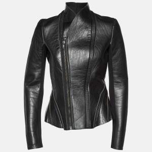 Rick Owens Black Leather Zip-Up Knit Paneled Biker Jacket M