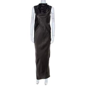 Rick Owens Dark Dust Grey Draped Satin Sleeveless Maxi Dress S