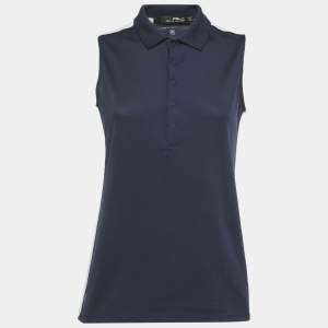 Pre Owned RLX by Ralph Lauren Navy Blue Striped Logo Print Jersey Sleeveless Tailored Fit Top M