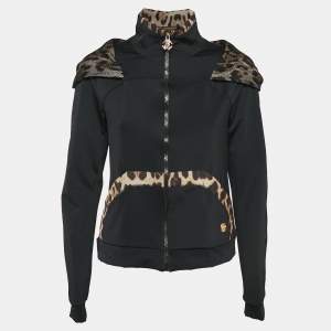 Roberto Cavalli Gym Black Jersey Animal Print Trim Hooded Jacket M
