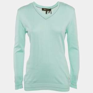 Roberto Cavalli Blue Cotton V-Neck Long Sleeve Sweater XXL