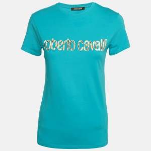 Pre Owned Roberto Cavalli Blue Logo Print Jersey T-Shirt M