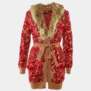Roberto Cavalli Beige/Red Floral Jacquard Knit Detachable Fur Collar Cardigan M