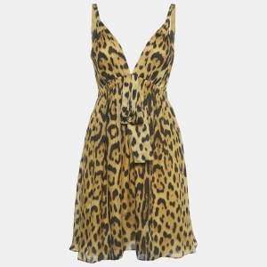 Pre Owned Roberto Cavalli Brown Leopard Print Silk Mini Dress M
