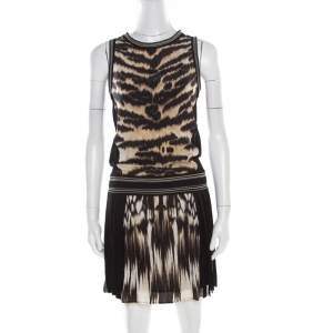 Pre Owned Roberto Cavalli Black and Brown Animal Printed Silk Pleated Sleeveless Dress S 
