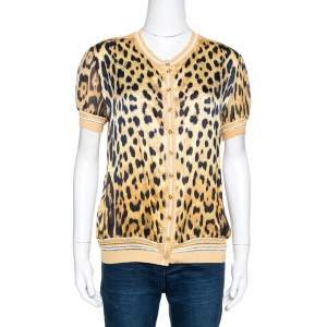 Pre Owned Roberto Cavalli Yellow Leopard Print Silk & Knit Cardigan L