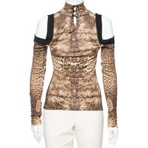 Pre Owned Roberto Cavalli Brown Animal Print Jersey Cold Shoulder Top M 