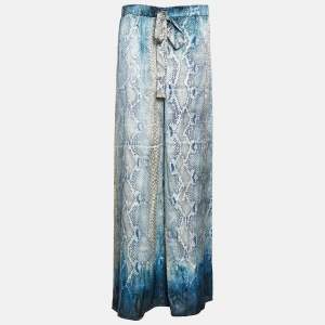 Pre Owned Roberto Cavalli White/Blue Animal Print Silk Trouser M