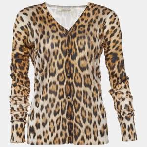 Roberto Cavalli Brown Silk Leopard Print Cardigan S