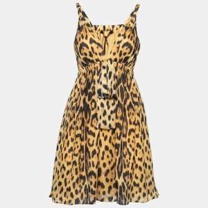 Pre Owned Roberto Cavalli Mustard Yellow Leopard Printed Silk Sleeveless Dress M