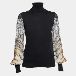 Roberto Cavalli Black Knit Contrast Printed Silk Sleeves High Neck Sweater M