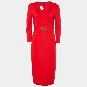 Pre Owned Roberto Cavalli Red Jersey Long Sleeve Midi Dress M