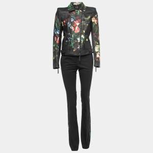 Roberto Cavalli Black Leather Painted Jacket & Slim Fit Pants M