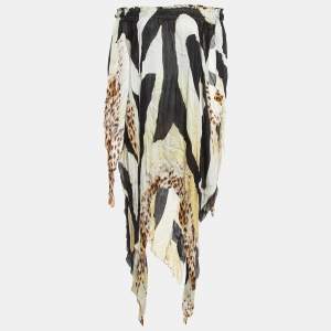 Pre Owned Roberto Cavalli Black Animal Print Silk Off-Shoulder Asymmetric Kaftan Dress L