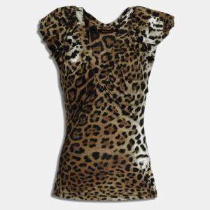 Pre Owned Roberto Cavalli Brown Animal Print Jersey Top M (IT 42)