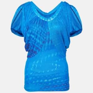 Roberto Cavalli Blue Printed Jersey Draped Sleeve Top S
