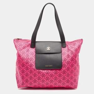 Roberto Cavalli Pink/Brown Monogram Nylon and Leather Front Pouch Tote 