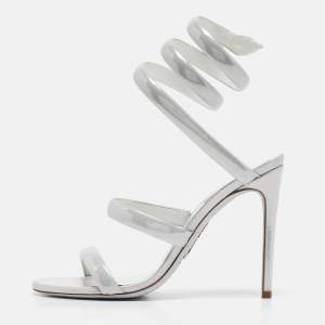 Rene Caovilla Grey Patent Leather Cleo Ankle Strap Sandals Size 38