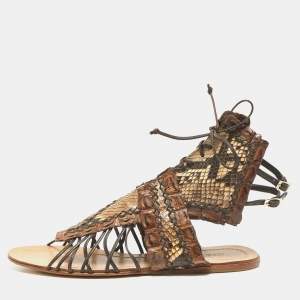 Roberto Cavalli Brown Crocodile and Python Leather Lace Up  Sandals Size 36