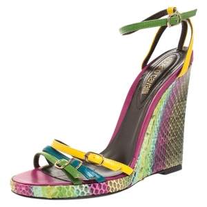 Pre Owned Roberto Cavalli Multicolor Leather And Python Wedge Strappy Sandals Size 37