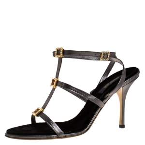 Pre Owned صندل روبرتو كافالي جلد رصاصي ميتاليك مزخرف كريستال بسيور مقاس 41