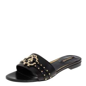 مملوكة مسبقًا صندل فلات روبرتو كافالي مزخرف مرصع جلد أسود مقاس 36