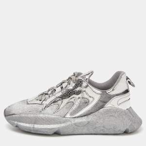 Roberto Cavalli Silver Calfhair and Laminated Leather V1per Lace Up Sneakers Size 37