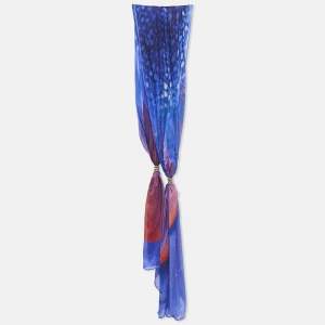 Roberto Cavalli Blue Printed Ring Embellished Silk Scarf 