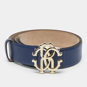 Roberto Cavalli Blue Leather RC Logo Buckle Belt 90CM