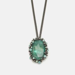 مملوكة مسبقًا Roberto Cavalli Green Crystal Gunmetal Tone Pendant Necklace 