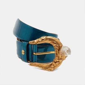 Pre Owned Roberto Cavalli Teal Blue Patent Leather Crystal Buckle Belt 85CM