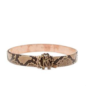 مملوكة مسبقًا Roberto Cavalli Beige/Black Snakeskin Logo Buckle Belt 85CM