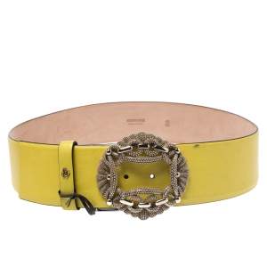 Roberto Cavalli Yellow Leather Buckle Embellished Belt 95CM