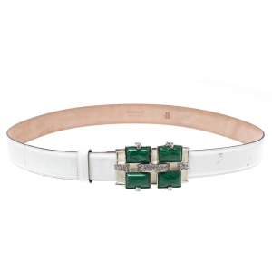 Roberto Cavalli White Patent Leather Crystal Embellished Buckle Belt 95CM