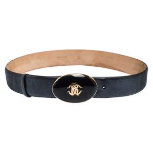 Roberto Cavalli Metallic Grey Leather Resin Buckle Belt 95CM