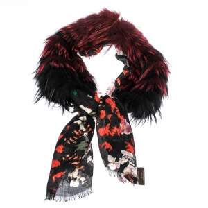 Roberto Cavalli Black Floral Print Fur Lined Cashmere Shawl 