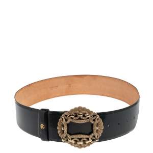 Pre Owned حزام روبرتو كافالي مزخرف إبزيم جلد أخضر بترولي لامع 90 سم