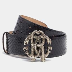 Pre Owned Roberto Cavalli Black Snakeskin Logo Buckle Belt 90CM