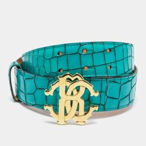 Roberto Cavalli Turquoise Croc Embossed Leather Logo Buckle Belt 80CM