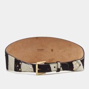 Pre Owned Roberto Cavalli Brown/White Zebra Print Calfhair Wide Waist Belt 75CM